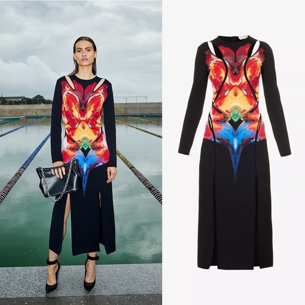 Alexander McQueen Orchid Jacquard Midi Dress Cutouts Medium Black Red Yellow NWT